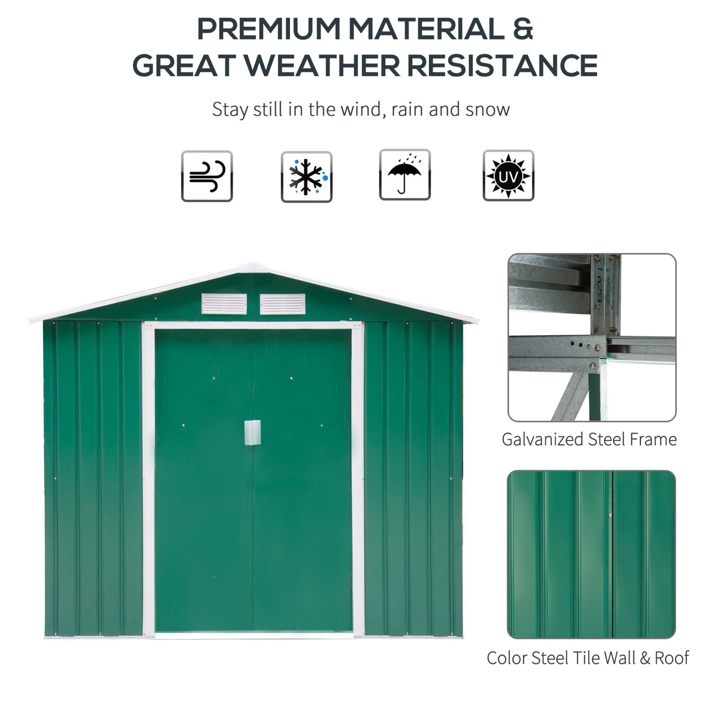 7ft x 4ft Lockable Garden Shed Green