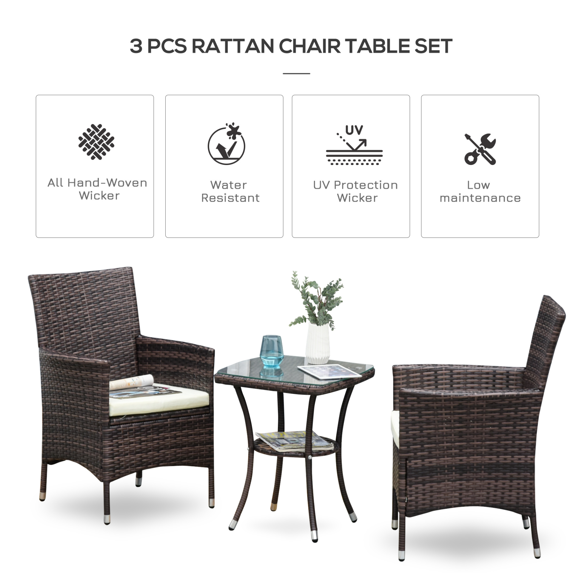 Brown Rattan Bistro Set 3 PCs 