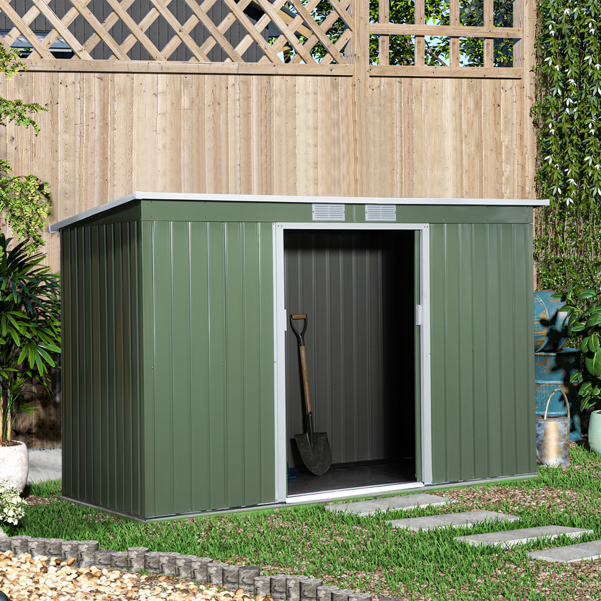 9ft x 4ft Corrugated Garden Metal Storage Shed Light Green