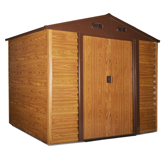 9 x 6ft Garden Metal Storage Shed Brown with Wood Grain