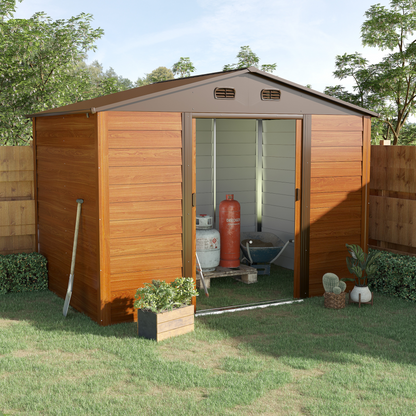 9 x 6ft Garden Metal Storage Shed Brown with Wood Grain