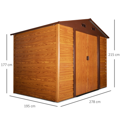 9 x 6ft Garden Metal Storage Shed Brown with Wood Grain