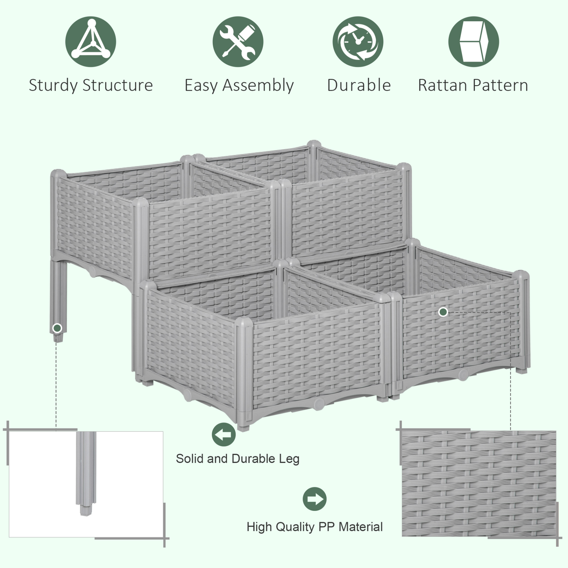 Set of 4 Garden Raised Bed 26L-  Grey