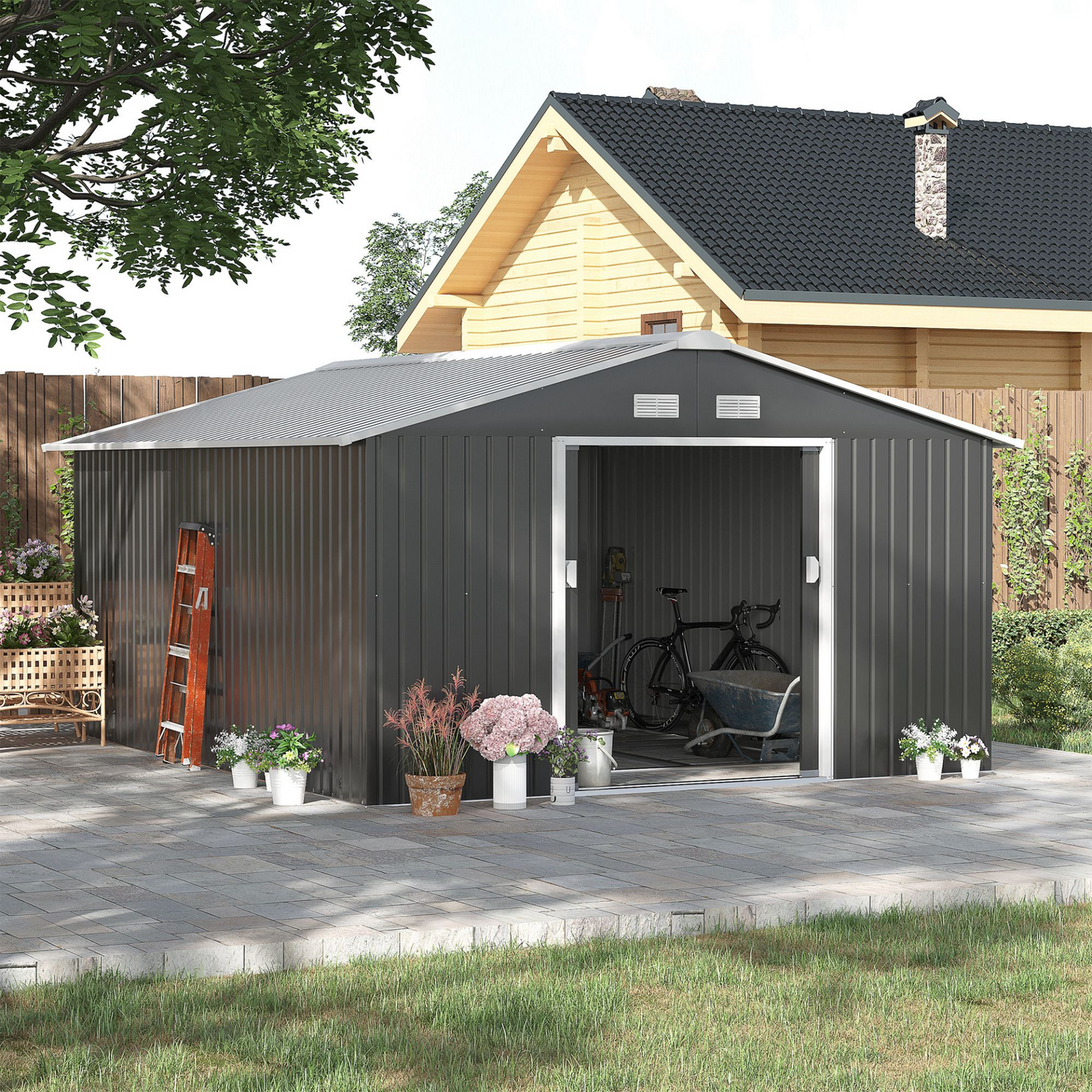 13 x 11ft Garden Metal Storage Shed Grey