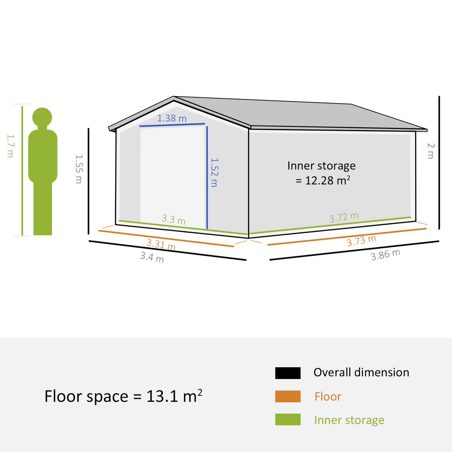 13 x 11ft Garden Metal Storage Shed Grey