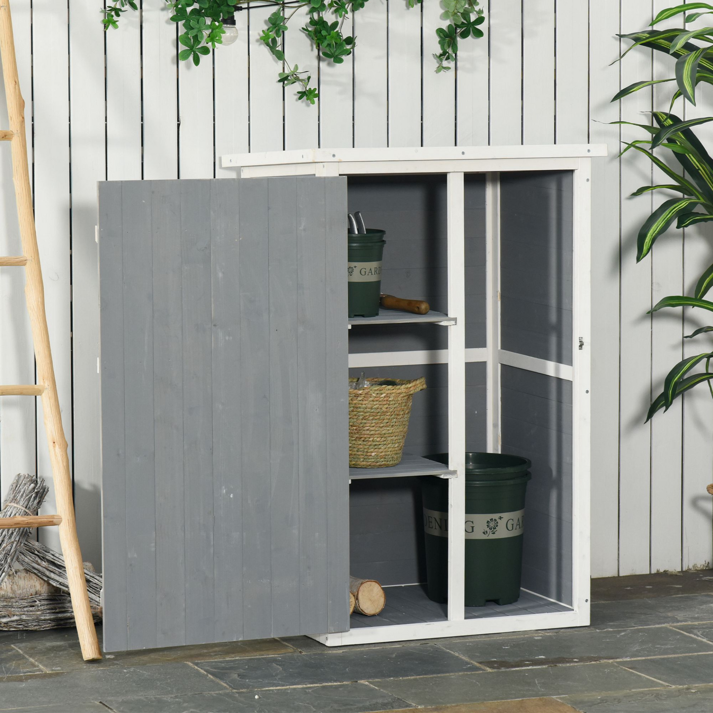 Garden Shed Wooden with Shelves 75L x 56W x115Hcm Grey