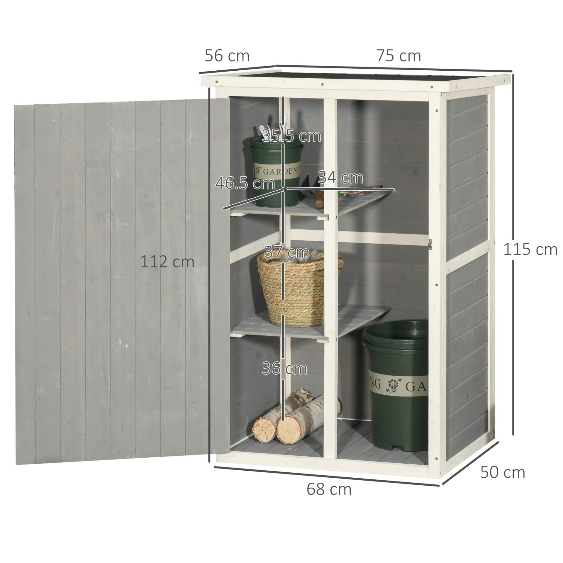 Garden Shed Wooden with Shelves 75L x 56W x115Hcm Grey