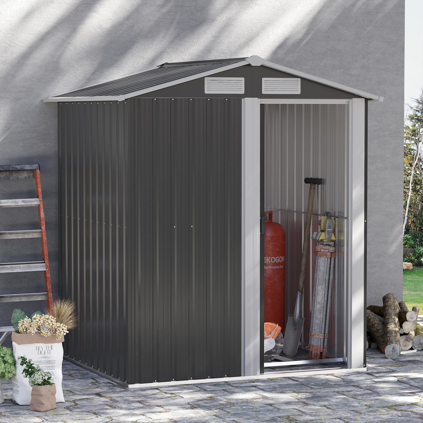 5ft x 4ft Garden Metal Storage Shed with Sliding Door, Sloped Roof and Floor Foundation Grey