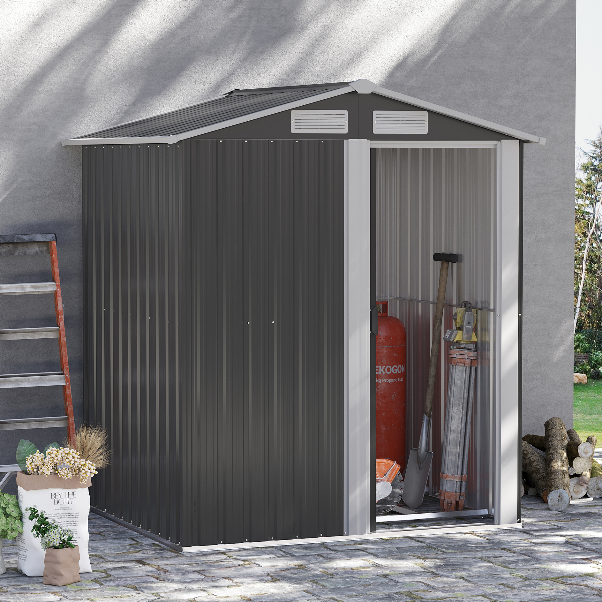 5ft x 4ft Garden Metal Storage Shed with Sliding Door, Sloped Roof and Floor Foundation Grey