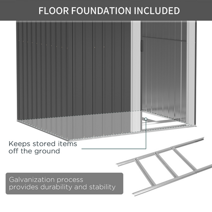 5ft x 4ft Garden Metal Storage Shed with Sliding Door, Sloped Roof and Floor Foundation Grey