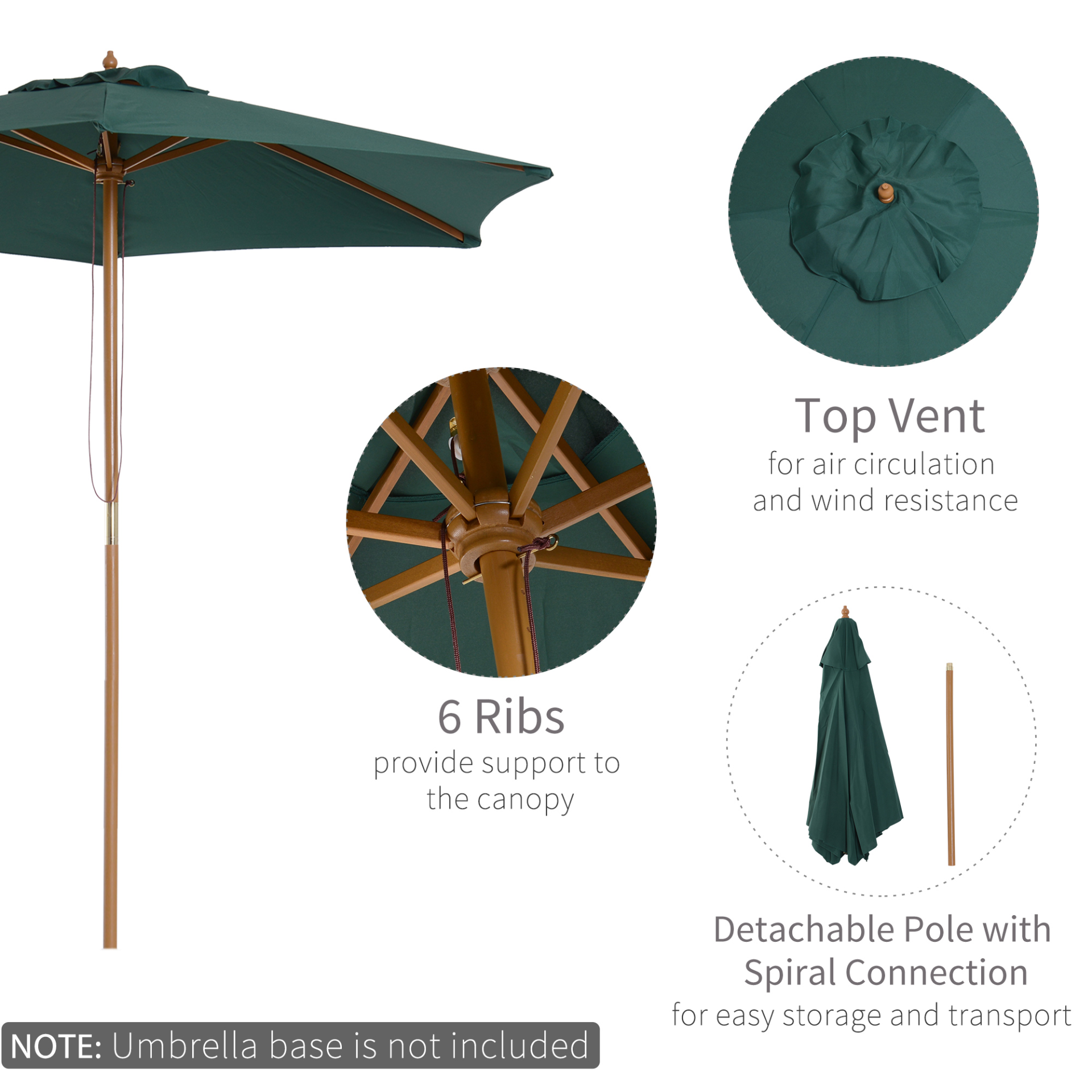 Green 2.5m Wood Garden Parasol