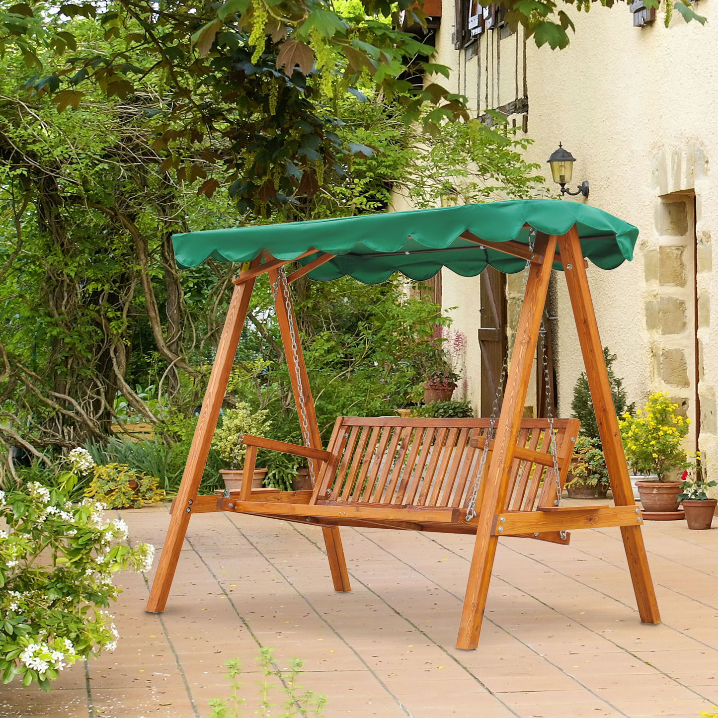 3 Seater Wooden Garden Swing Seat With a Green Roof