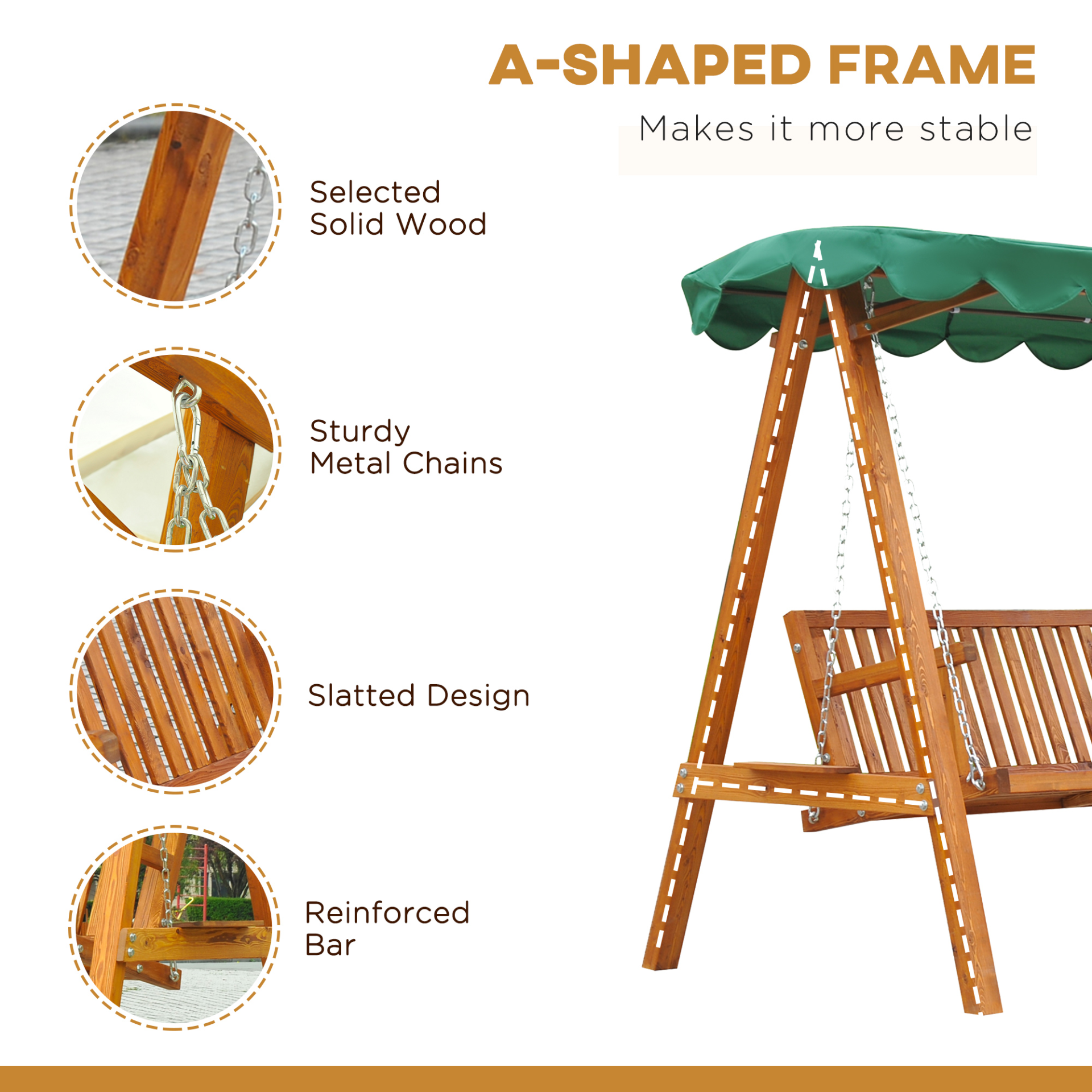 3 Seater Wooden Garden Swing Seat With a Green Roof