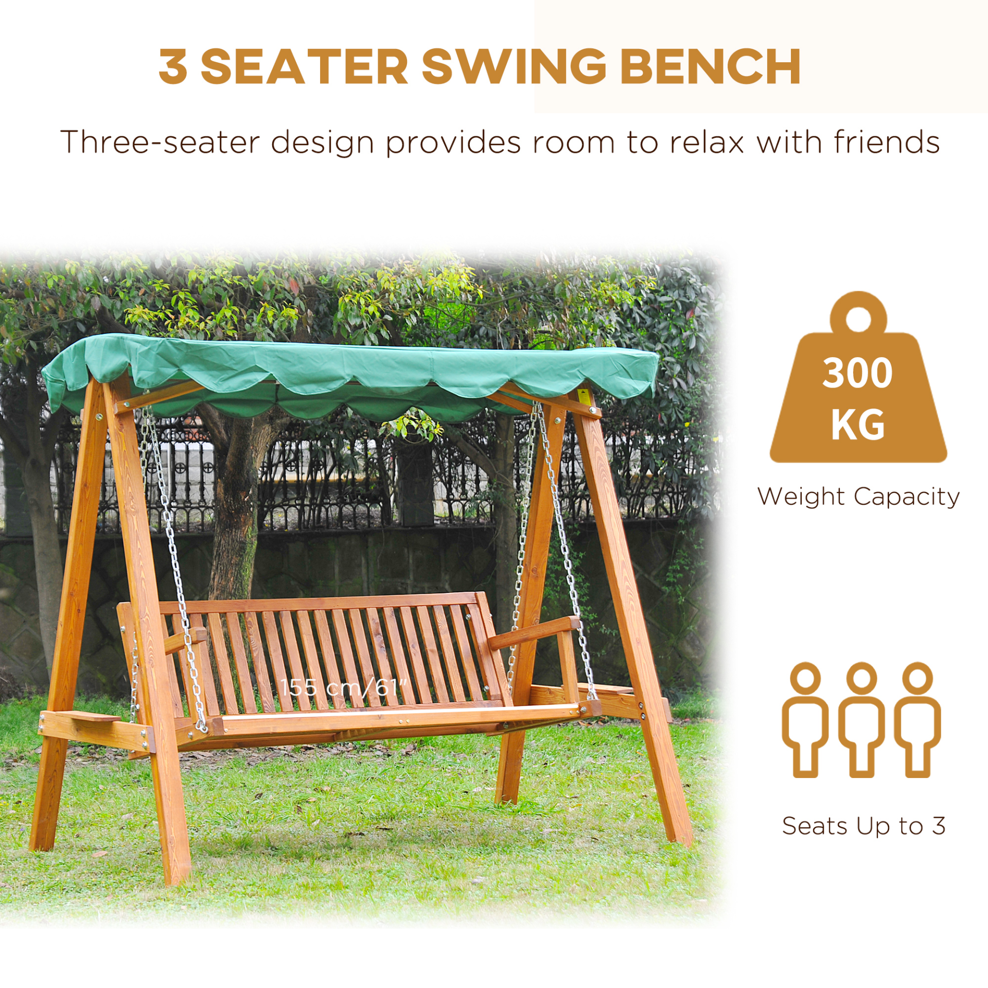 3 Seater Wooden Garden Swing Seat With a Green Roof