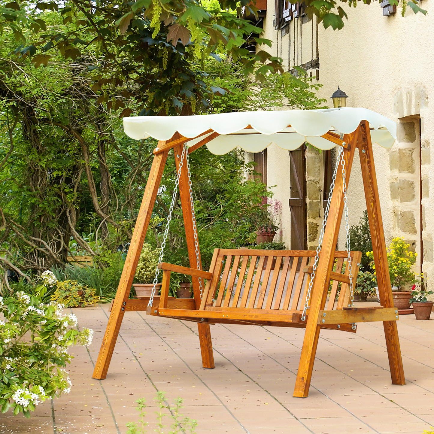 2 Seater Garden Swing Seat With Cream White Roof