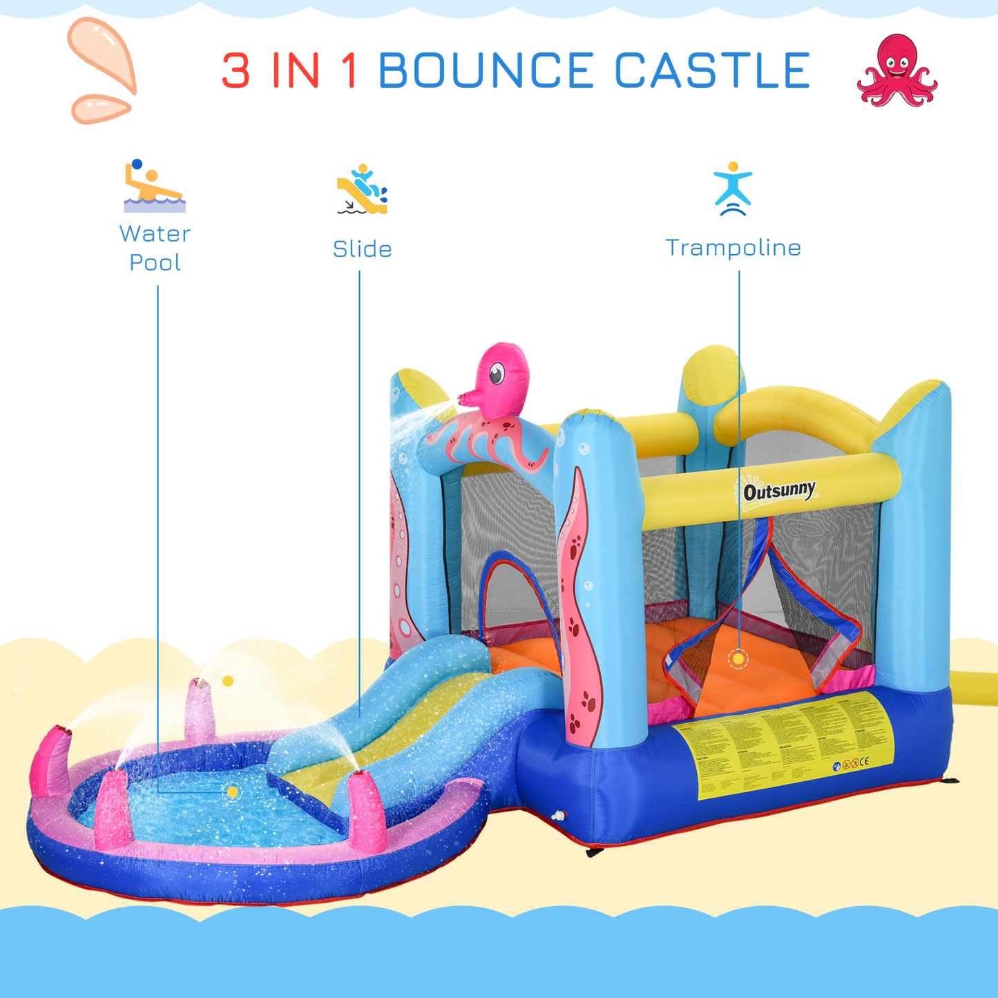 Kids Bounce Castle House Octopus Design 3.6 x 1.75 x 1.8m