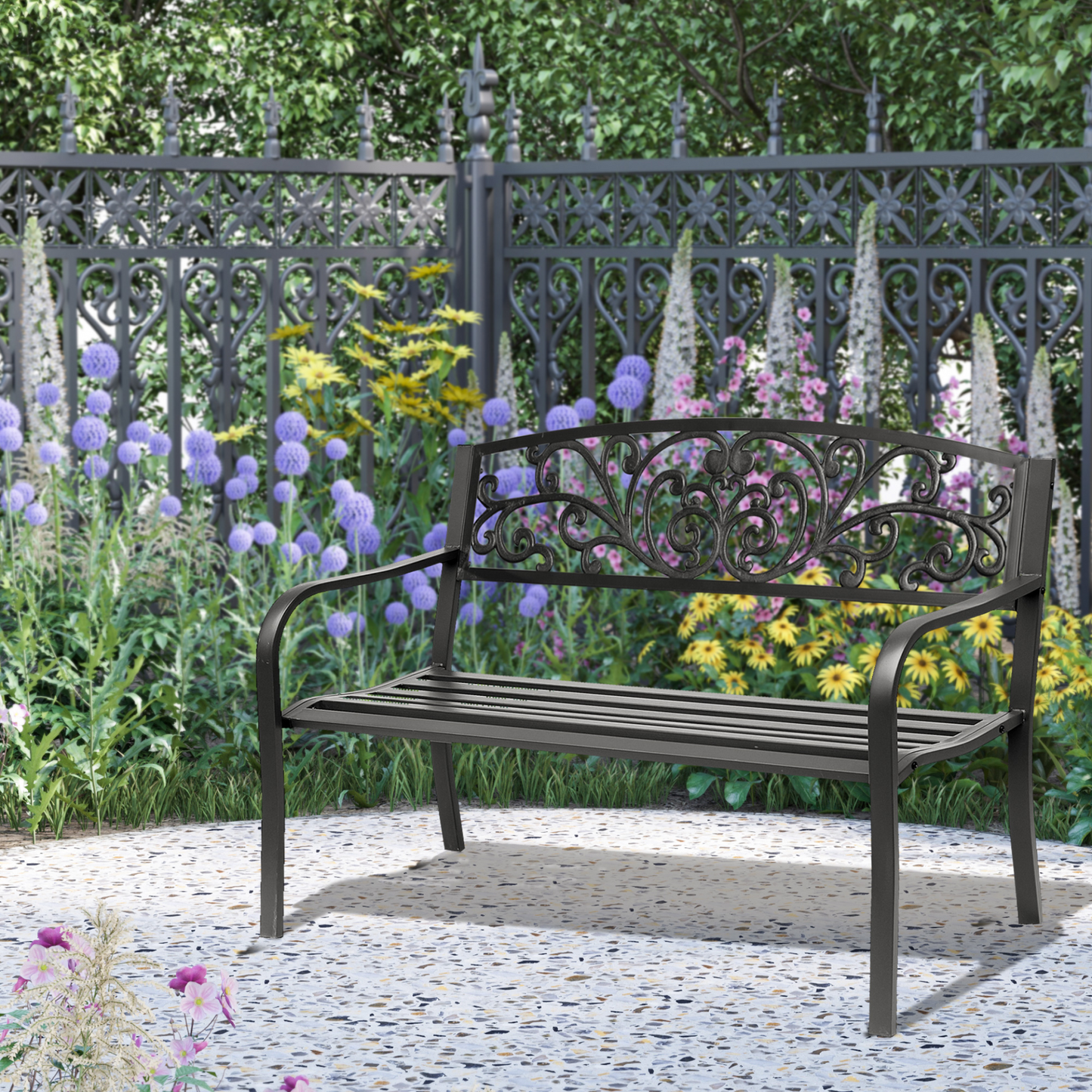 2 Seater Black Metal Garden Bench