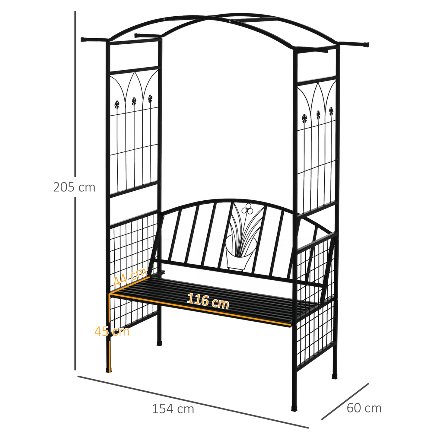 Garden Metal Arch Arbour with Bench 154L x 60W x 205Hcm