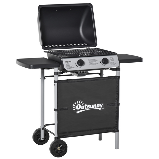 2 Burner Gas Barbecue Grill with Side Shelves and Wheels