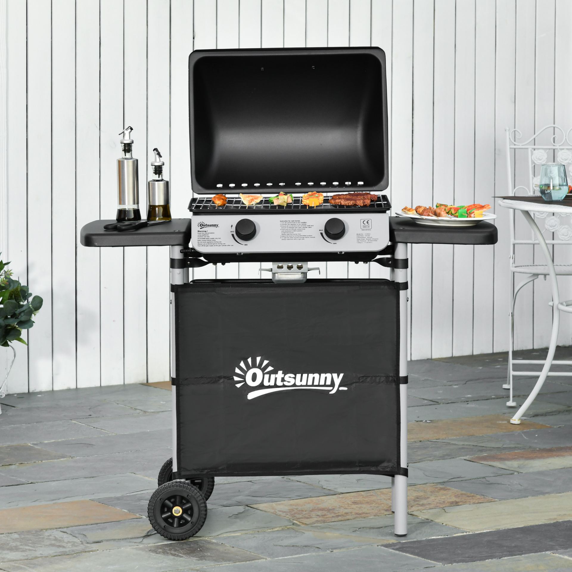 2 Burner Gas Barbecue Grill with Side Shelves and Wheels