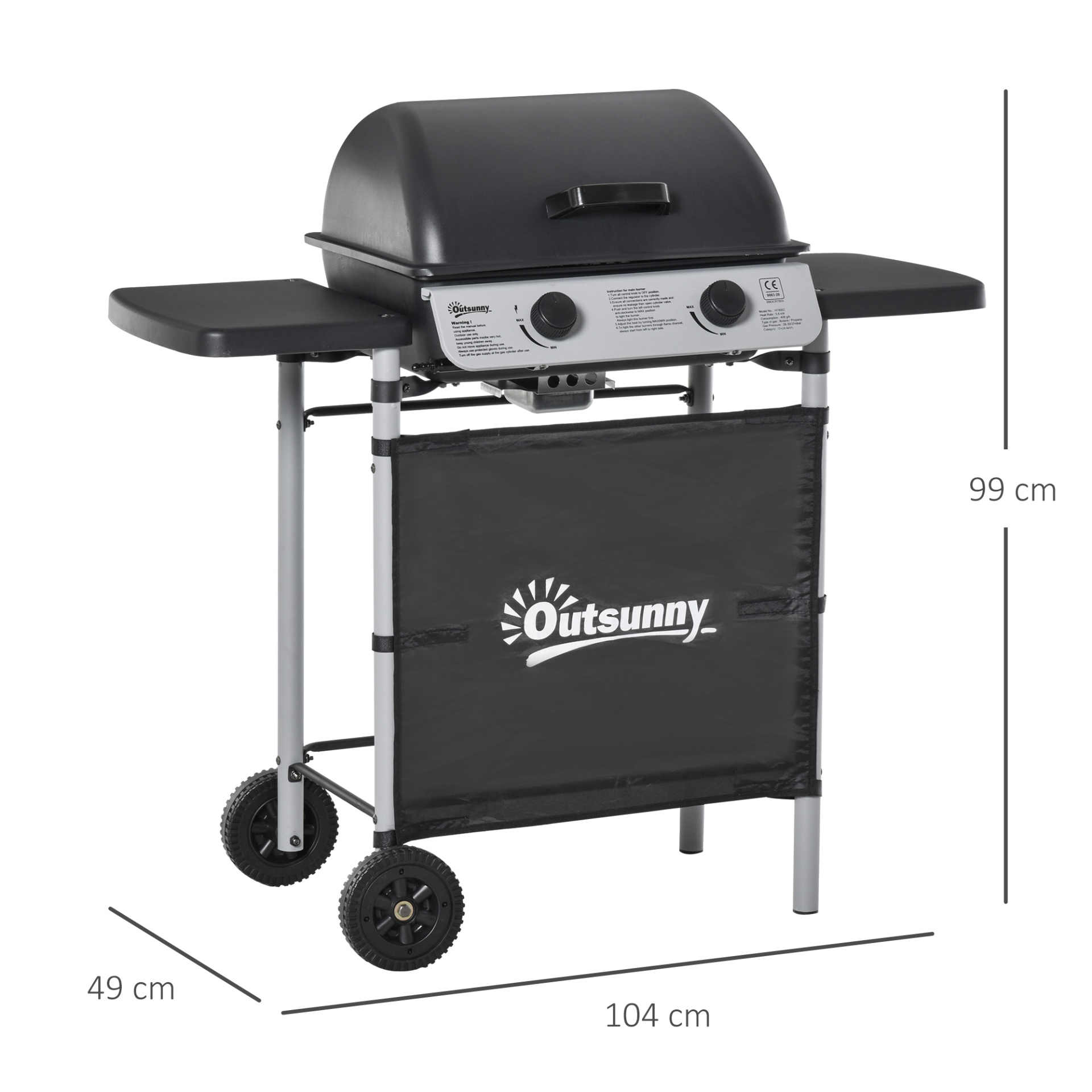 2 Burner Gas Barbecue Grill with Side Shelves and Wheels