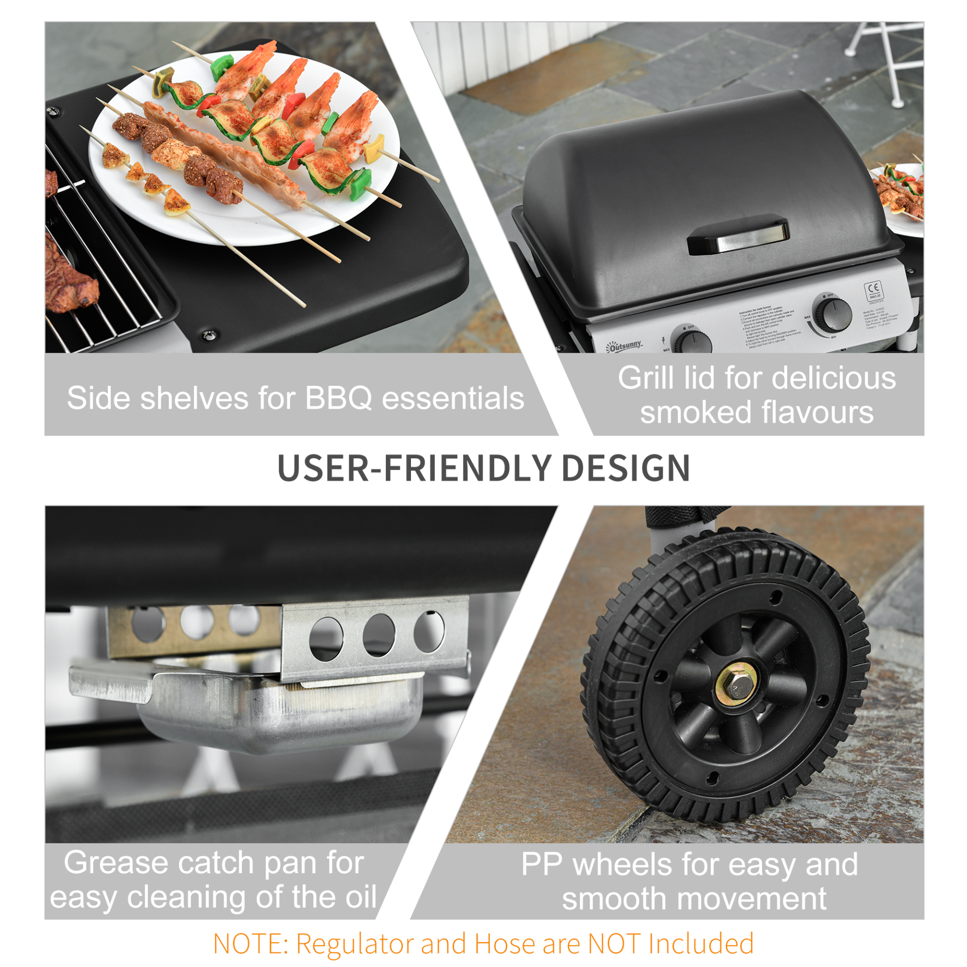 2 Burner Gas Barbecue Grill with Side Shelves and Wheels