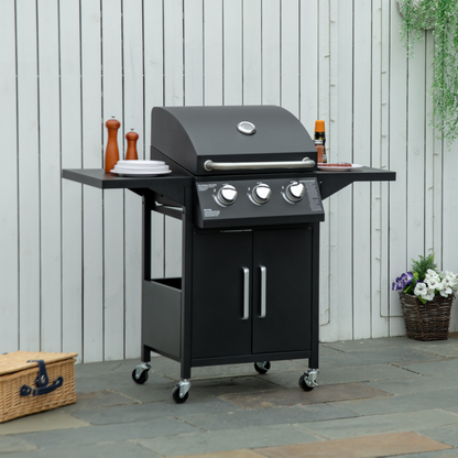 3 Burner Gas BBQ Grill Carbon Steel Black