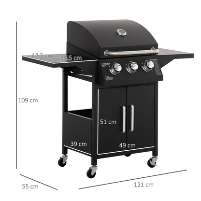 3 Burner Gas BBQ Grill Carbon Steel Black