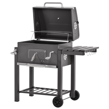 Charcoal Grill BBQ Trolley Shelf, Side Table and Wheels with Built-in Thermometer