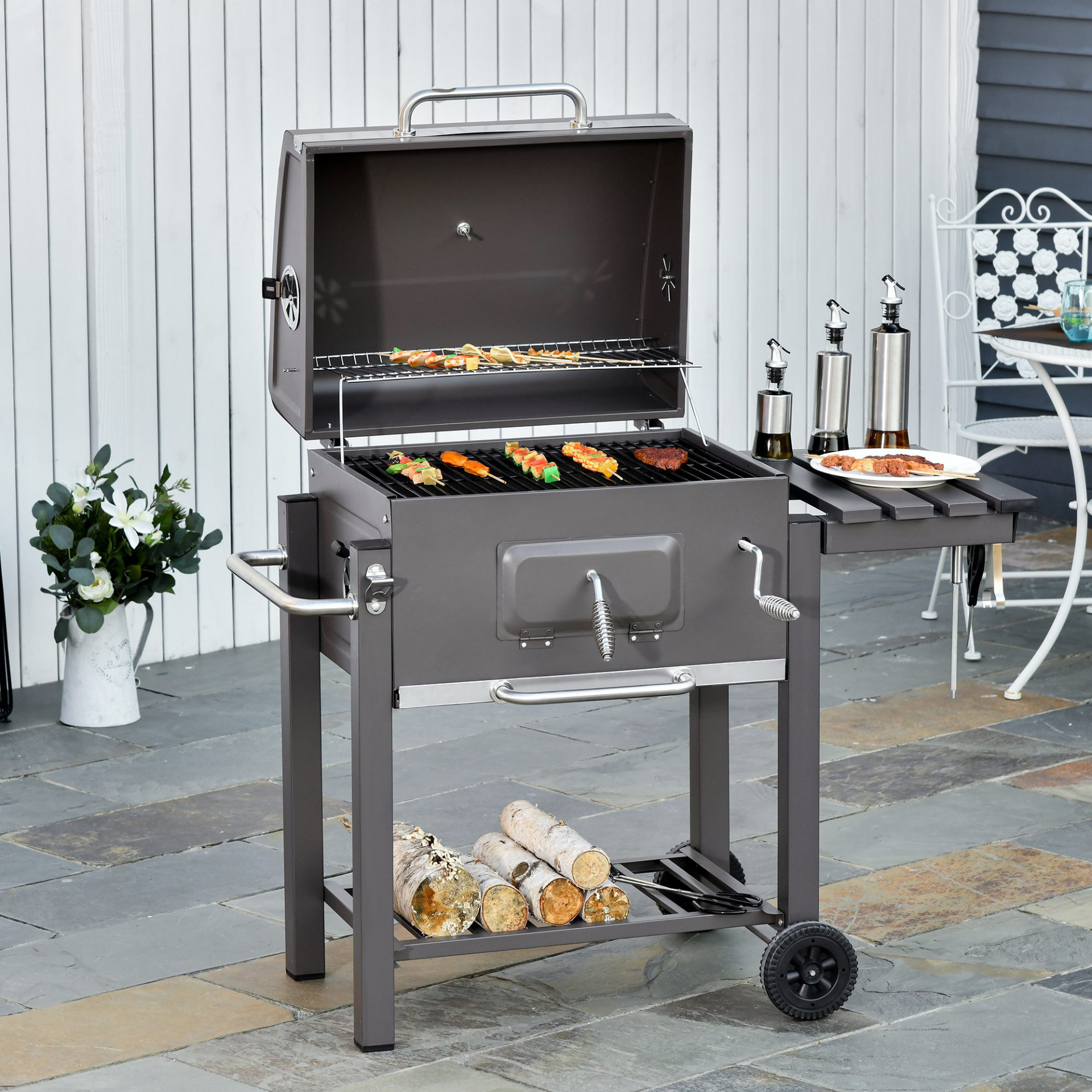 Charcoal Grill BBQ Trolley Shelf, Side Table and Wheels with Built-in Thermometer