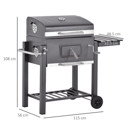 Charcoal Grill BBQ Trolley Shelf, Side Table and Wheels with Built-in Thermometer