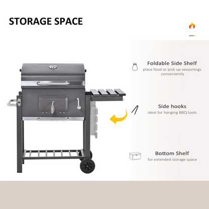 Charcoal Grill BBQ Trolley Shelf, Side Table and Wheels with Built-in Thermometer