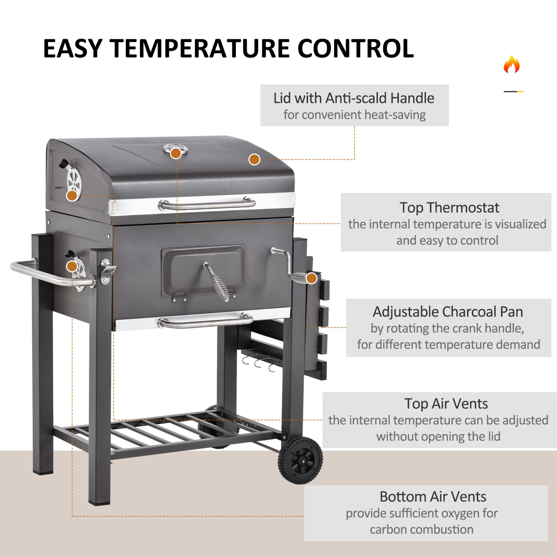 Charcoal Grill BBQ Trolley Shelf, Side Table and Wheels with Built-in Thermometer