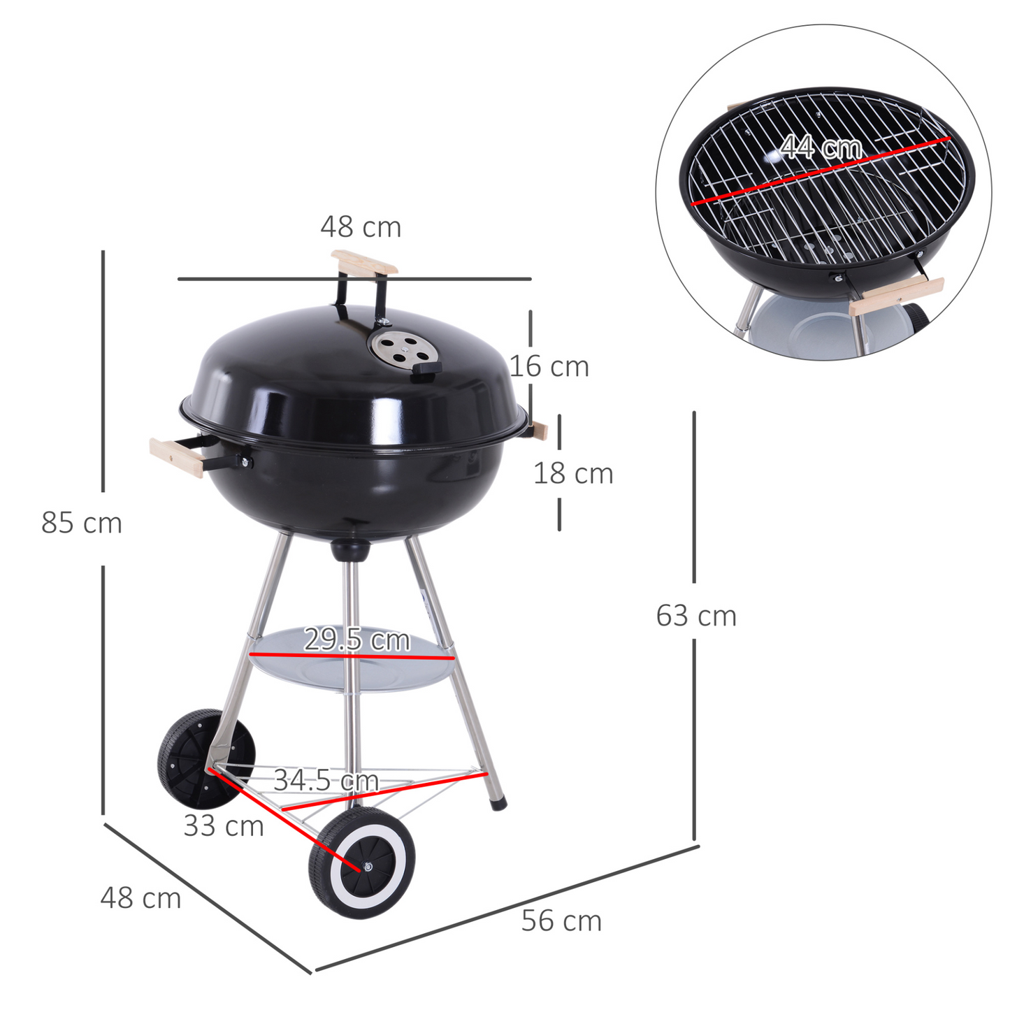 Portable Round Kettle Charcoal Grill BBQ Smoker with Lid