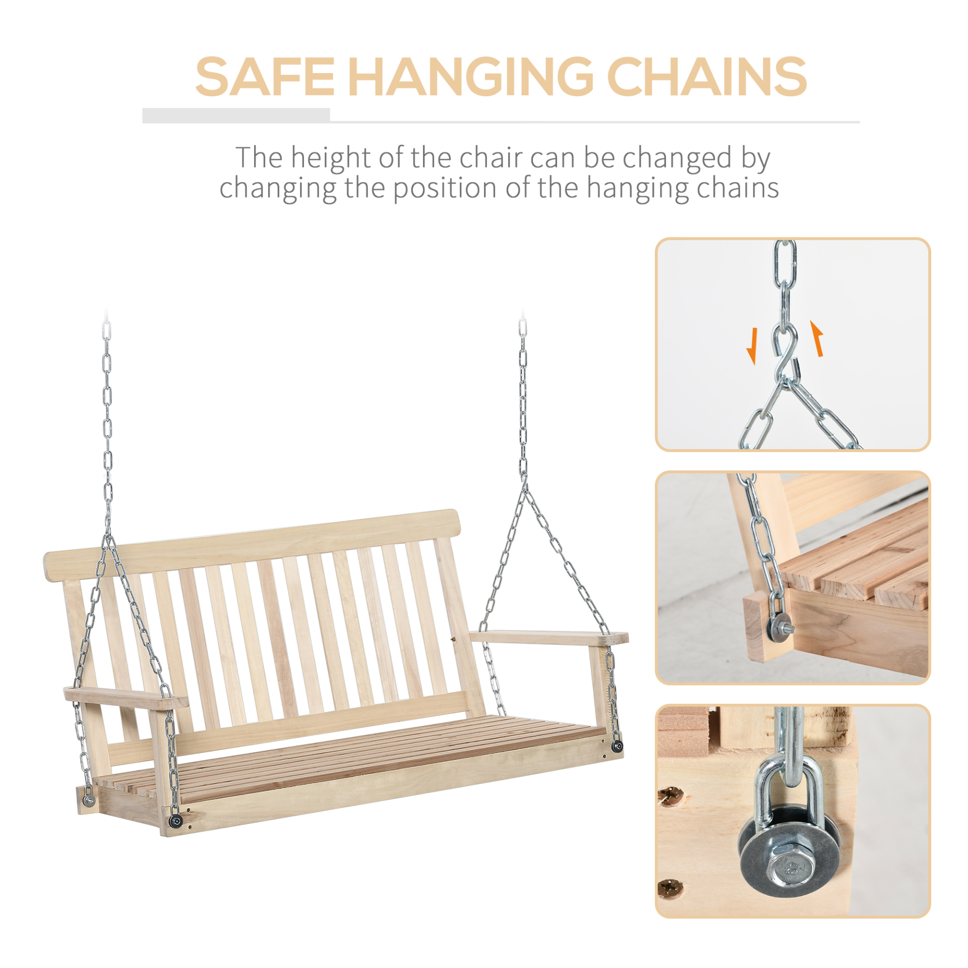  Outdoor Natural 2-Seater Wooden Swing Bench