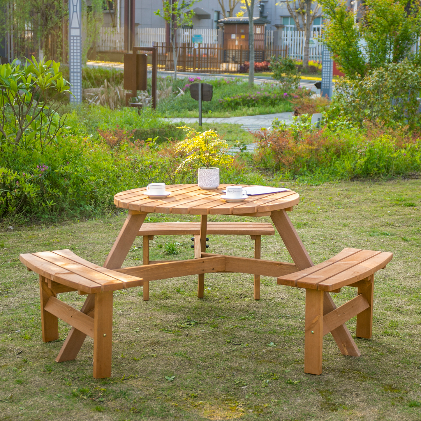 Fir Wood Parasol Table and Bench Set