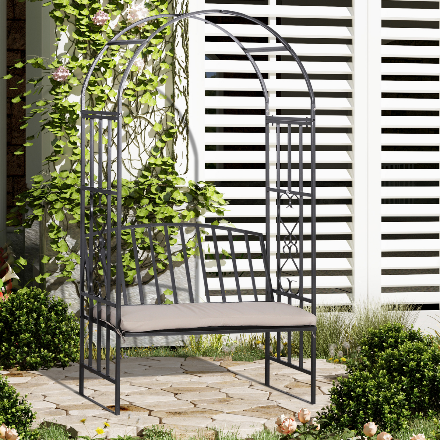 Metal Garden Arbour with seat Cushion 114L x 60W x 206H cm