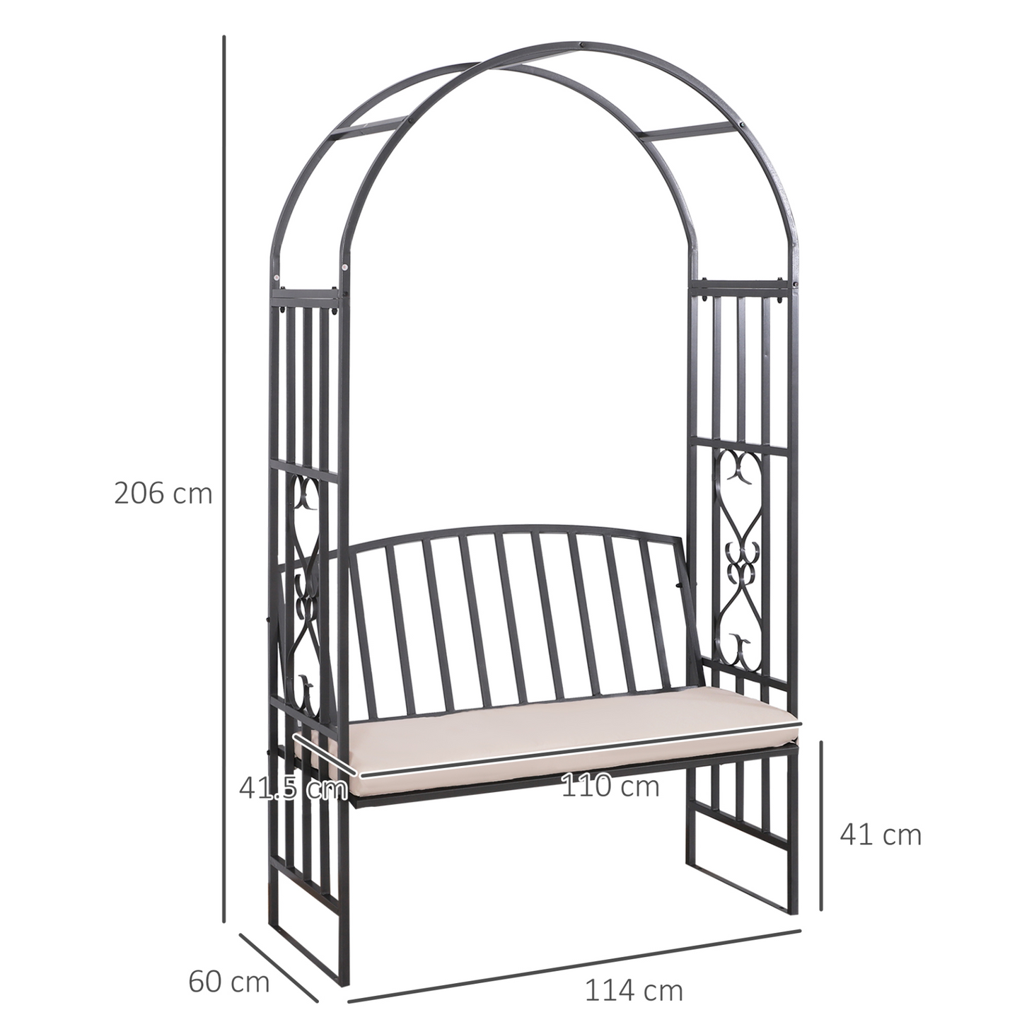 Metal Garden Arbour with seat Cushion 114L x 60W x 206H cm