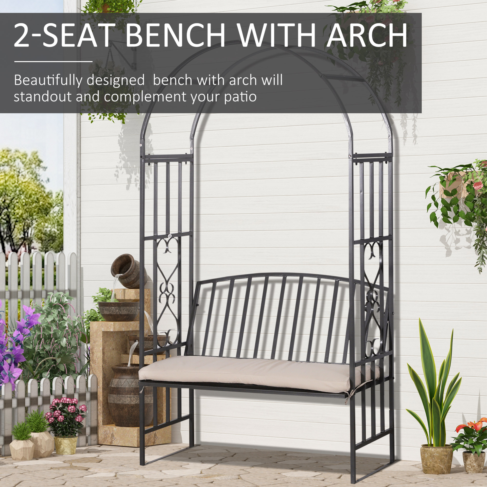 Metal Garden Arbour with seat Cushion 114L x 60W x 206H cm