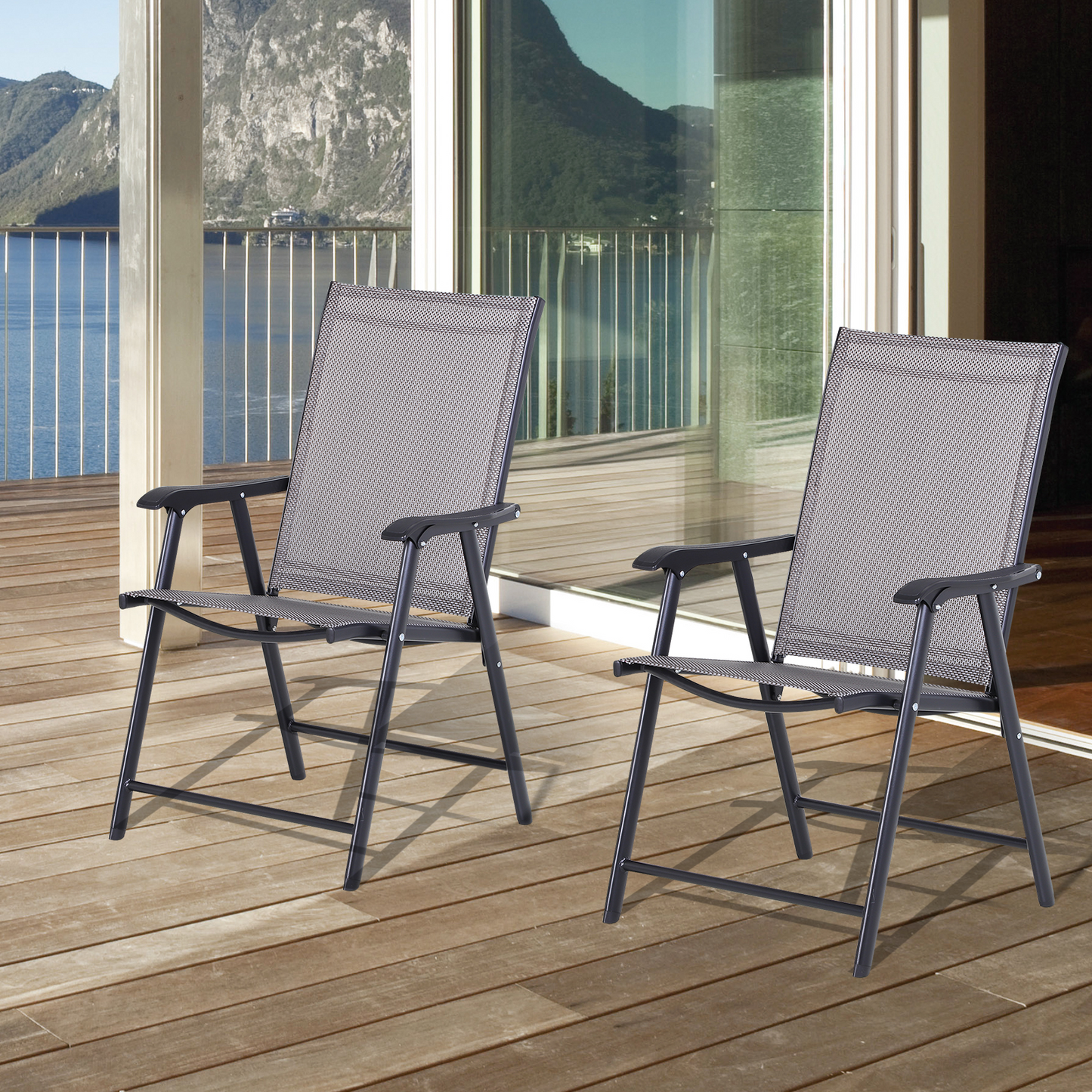 Set of 2 Grey Foldable Metal Garden Chairs