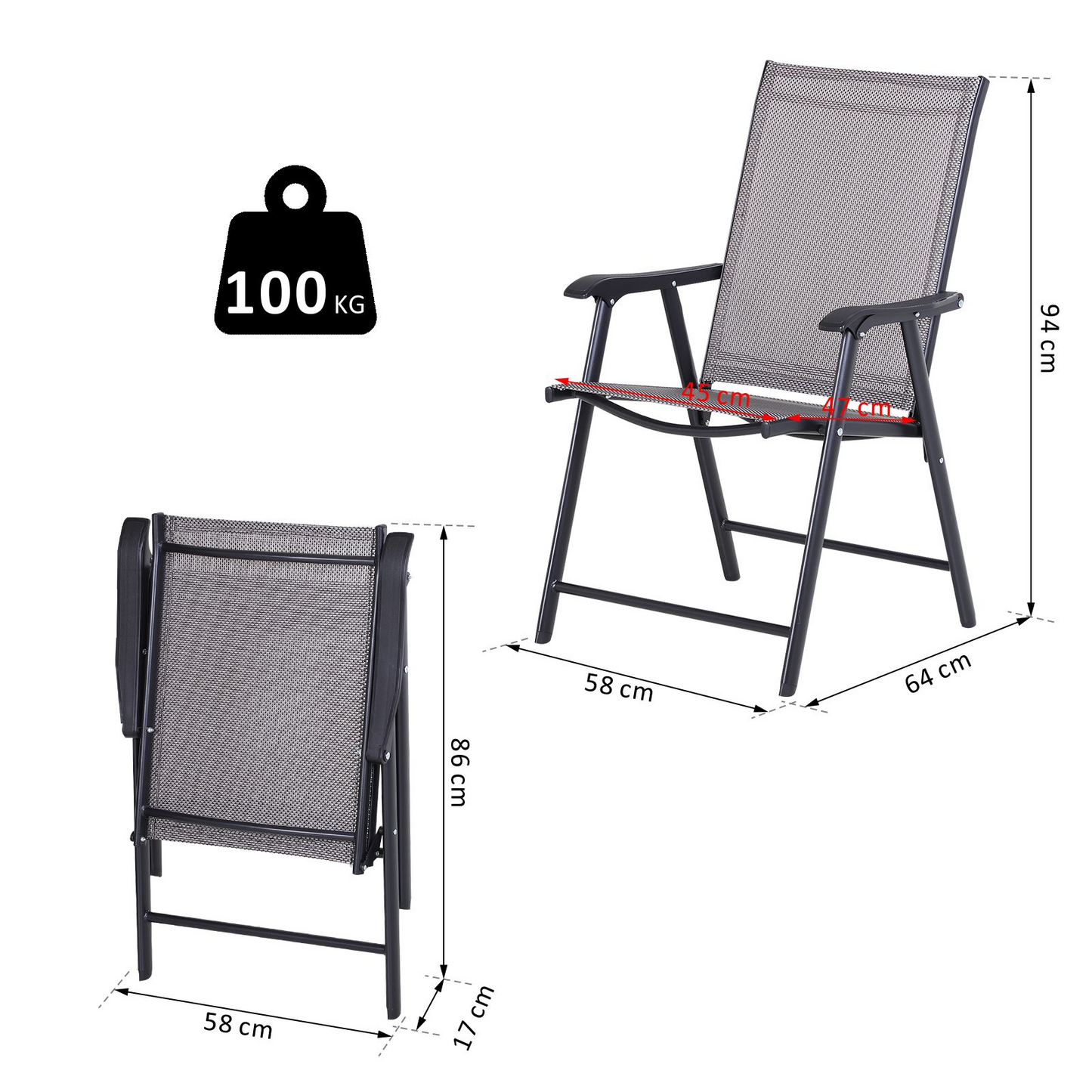 Set of 2 Grey Foldable Metal Garden Chairs