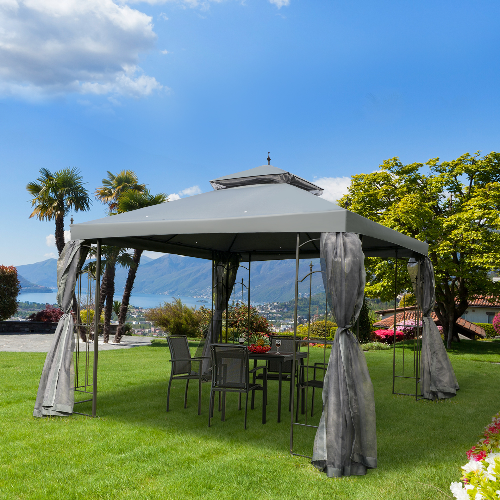 Double Top Outdoor gazebo with Mesh Curtain | Jscapes