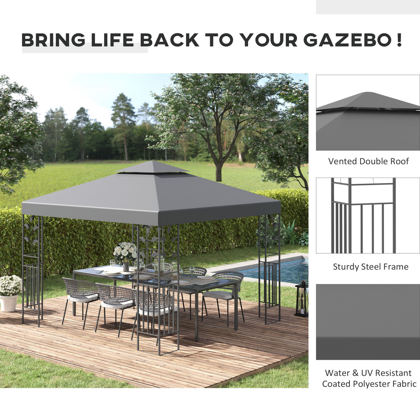 Outdoor Garden Steel Gazebo with 2 Tier Roof | Jscapes