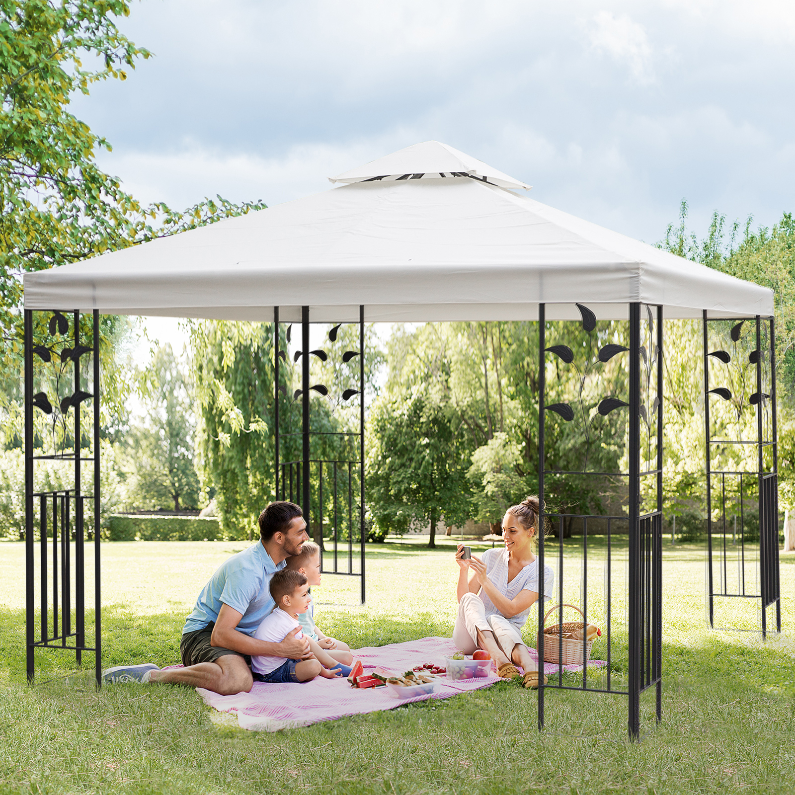 White Steel Garden Gazebo with 2 Tier Roof