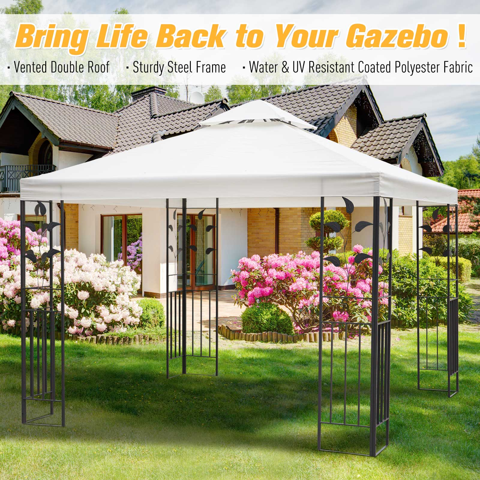 White Steel Garden Gazebo with 2 Tier Roof