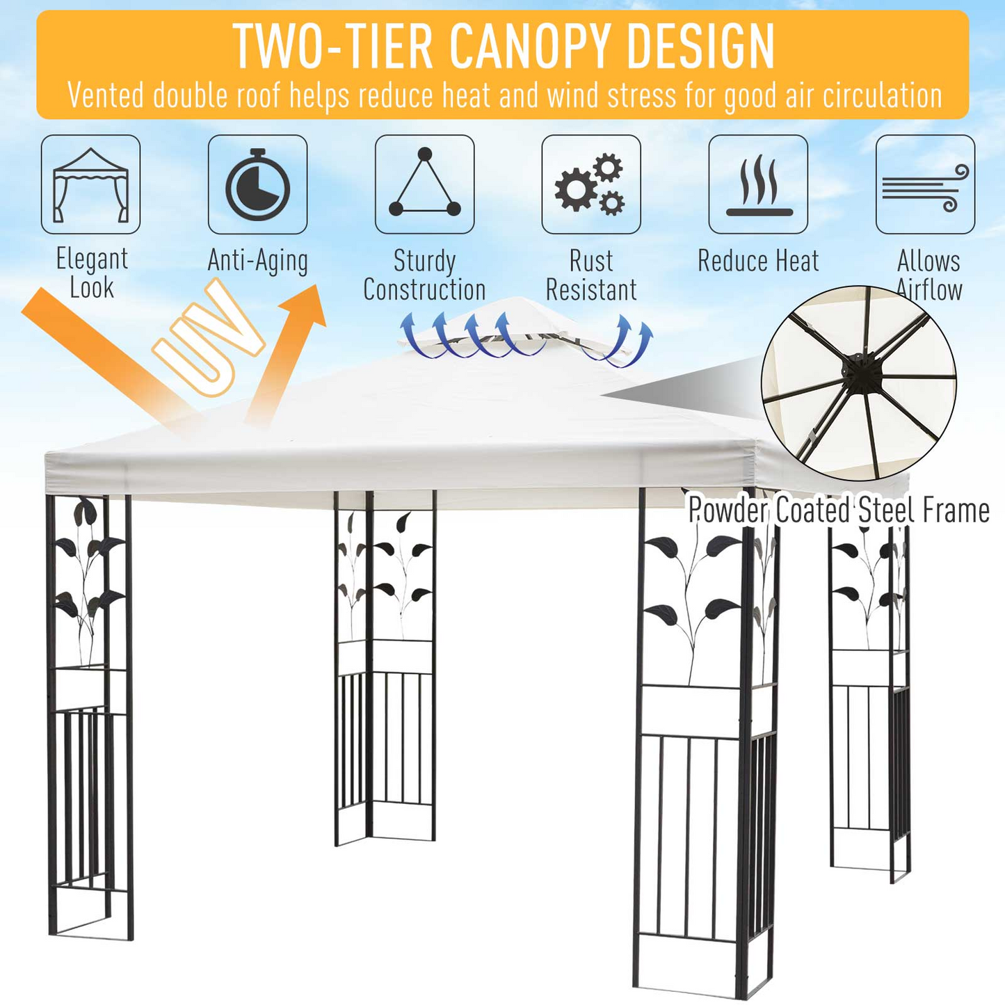 White Steel Garden Gazebo with 2 Tier Roof