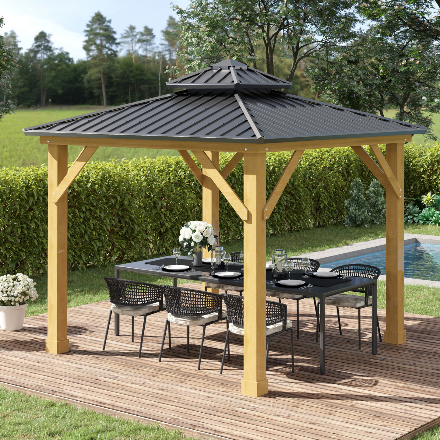 Outdoor Hardtop Gazebo Canopy with 2-Tier Roof and Solid Wood Frame