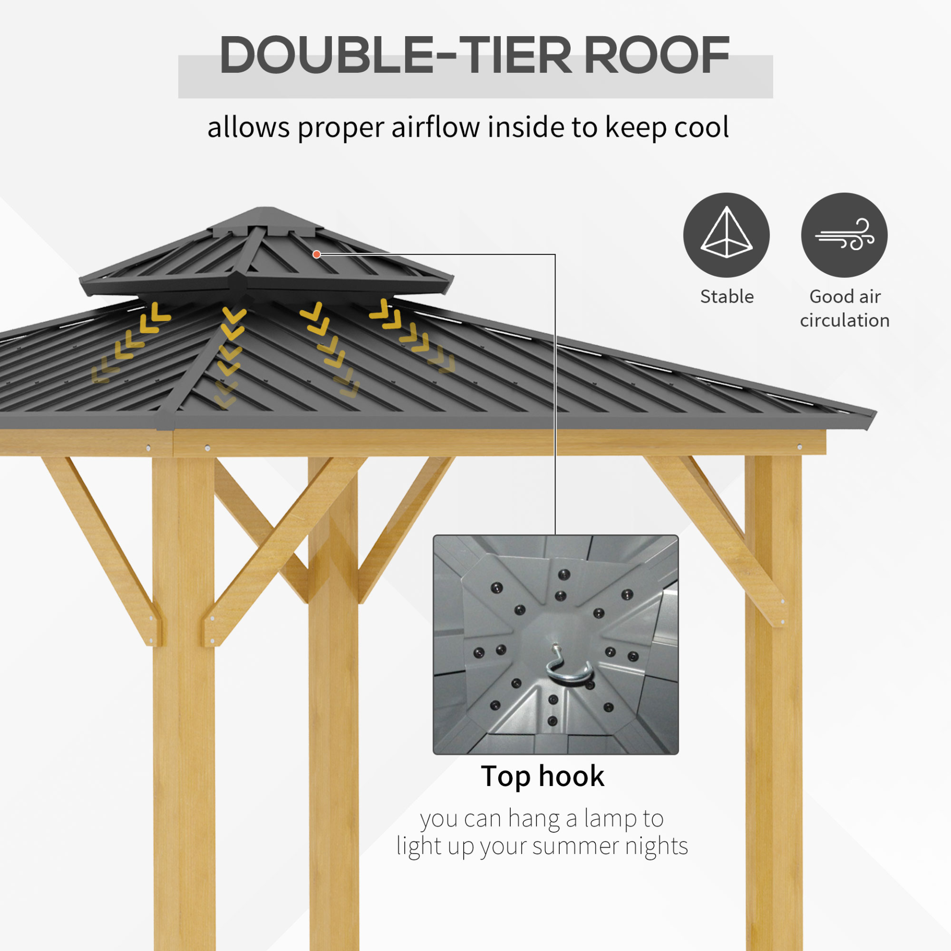 Outdoor Hardtop Gazebo Canopy with 2-Tier Roof and Solid Wood Frame