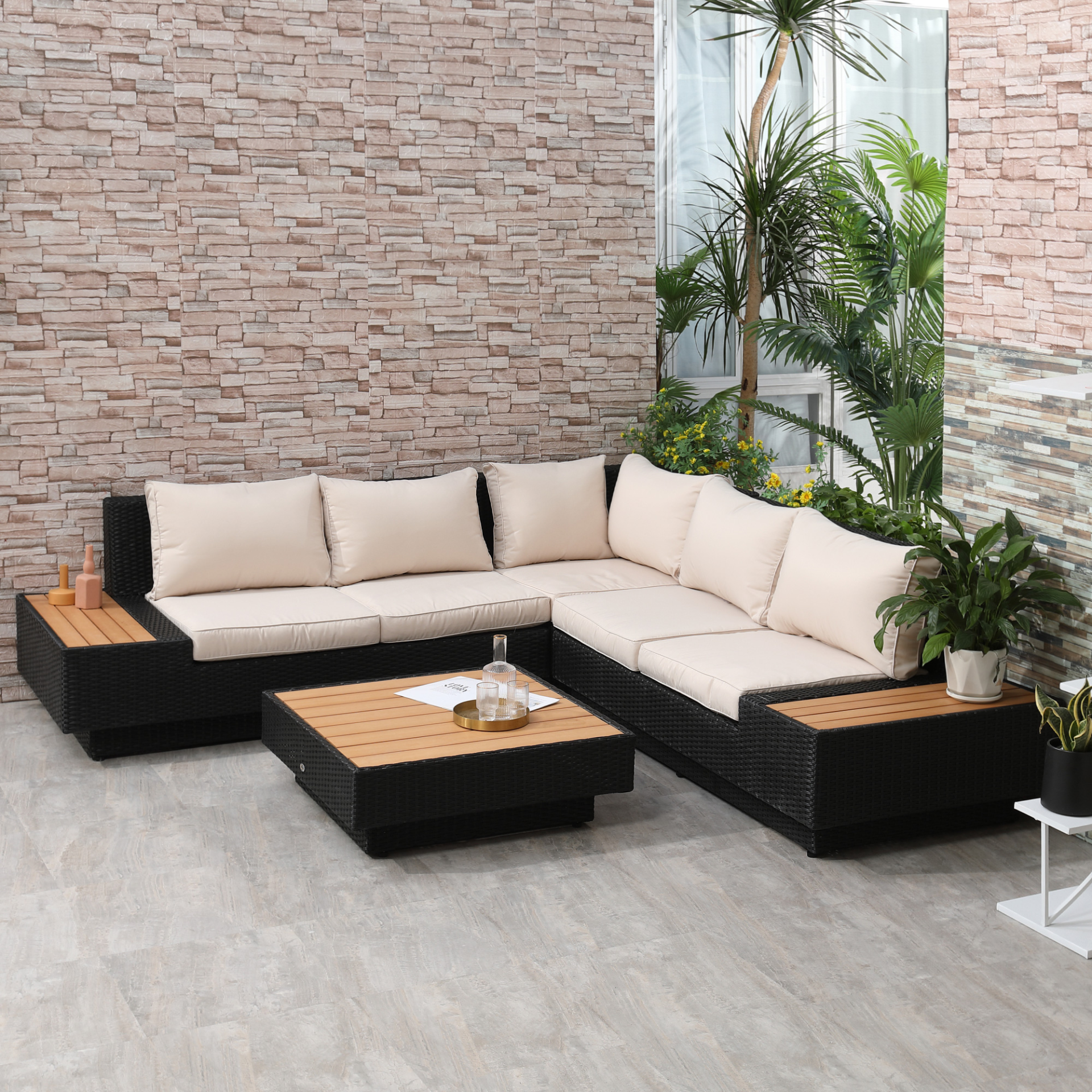  4 PCs Black Rattan Sectional Corner Sofa and Coffee Table Set