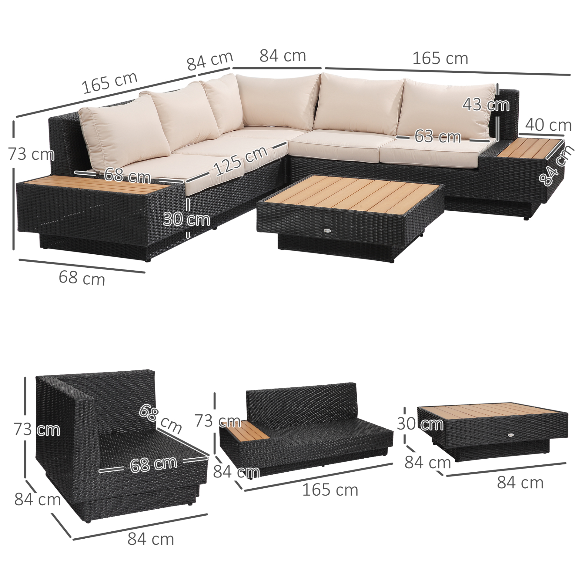  4 PCs Black Rattan Sectional Corner Sofa and Coffee Table Set